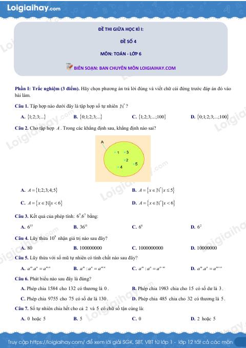 Đề thi giữa kì 1 Toán 6 - Đề số 4